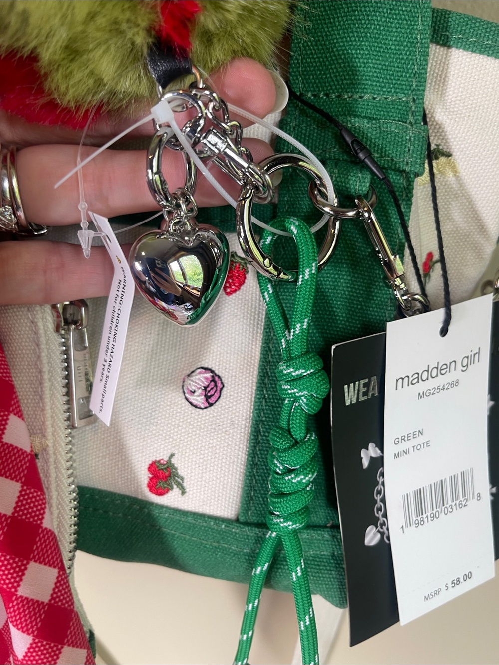 Madden Girl Green and Cream Crossbody Tote with Red Pom Pom - many extras! - Picture 7 of 16